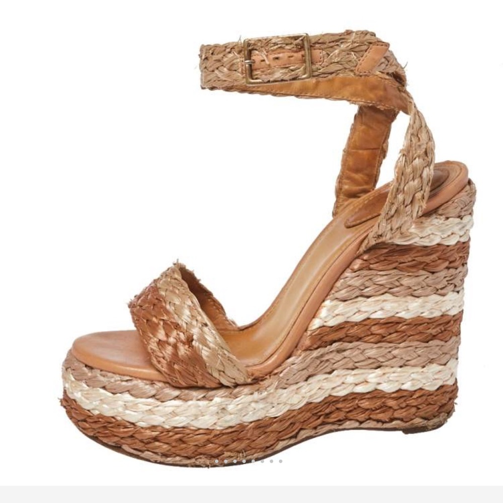 Chloe Tri-Color Raffia Wedge Ankle Strap Sandals | EUC Size 41